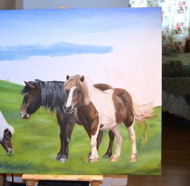 an unfinished painting of horses in a field