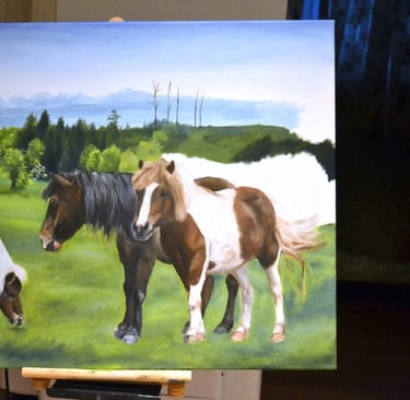 a painting of horses in a field