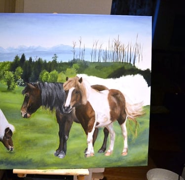 a painting of horses grazing in a field