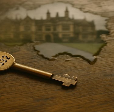 round key on wood bench next to puddle of water with an estate reflection