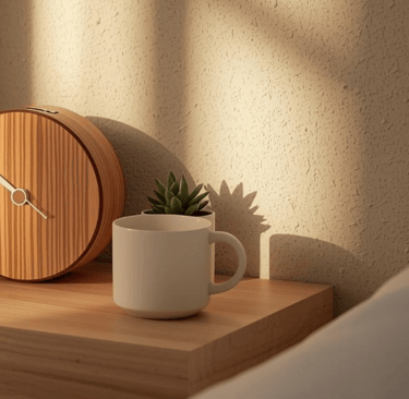 Wood-grain smart alarm clocks glowing with sunrise light on a minimalist bedroom nightstand.