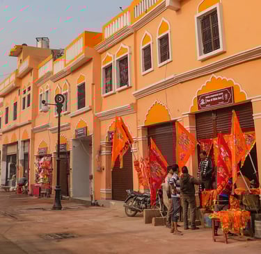 a group of people standing in front of a building