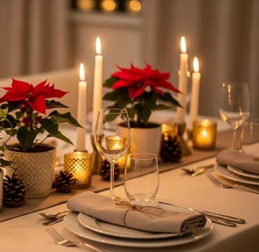 Centro de mesa navideño elegante hecho con plantas vivas en maceta, velas y piñas.