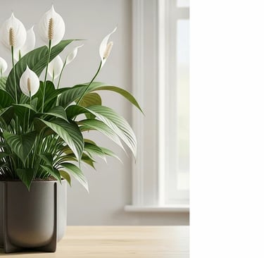 Un frondoso Espatifilo (Lirio de la Paz) con hojas verde oscuro y varias flores blancas