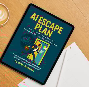 a tablet computer with the AI Escape Plan eBook sitting on a table with a cup of coffee