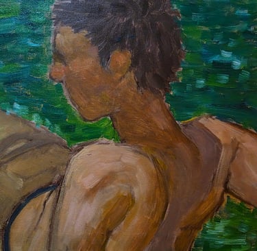 a loose, impressionistic painting of a young man sitting in the green water, titled "at the creek"