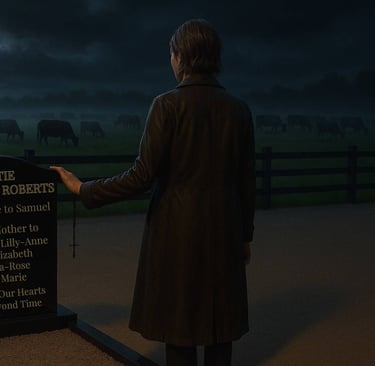 Woman stands at headstone under moonlight, cattle graze in misty background
