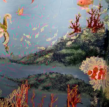 A section of a large wall mural depicting a deep coral reef with Florida Straights wildlife.