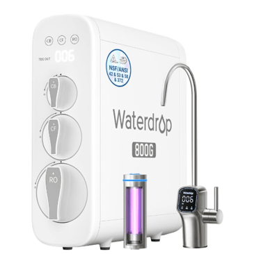 Waterdrop G3P800 tankless under-sink reverse osmosis system with smart faucet.