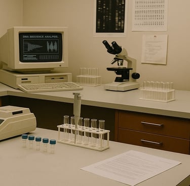 1990s DNA lab bench with sequencing tools and test tubes