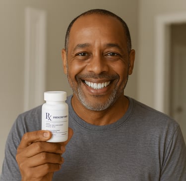 A smiling man holding a bottle of prescription pills.