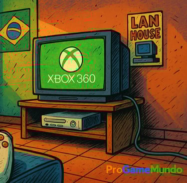 Cena HQ mostrando um ambiente gamer brasileiro com Xbox 360, TV de tubo e ícones culturais.