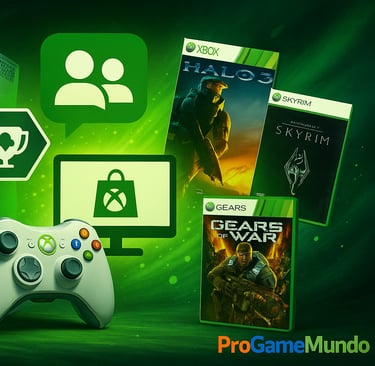 Montagem digital com Xbox 360, achievements, party chat e jogos icônicos que simbolizam seu legado.