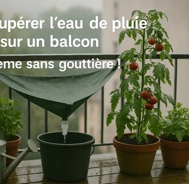 Balcon urbain avec plantes en pots sous la pluie, système de récupération d’eau fait maison