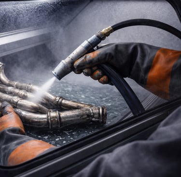 Nettoyage d’un collecteur d’échappement moto dans une cabine de vapor blasting, avec projection humide et gants intégrés.