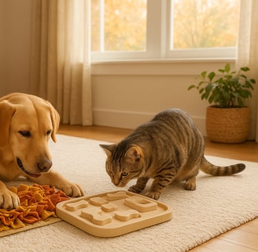 Indoor dog and cat enjoying enrichment activities in a Burlington, Milton and Oakville home.