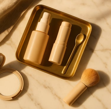 SPF and makeup flat lay on marble in golden sunlight.