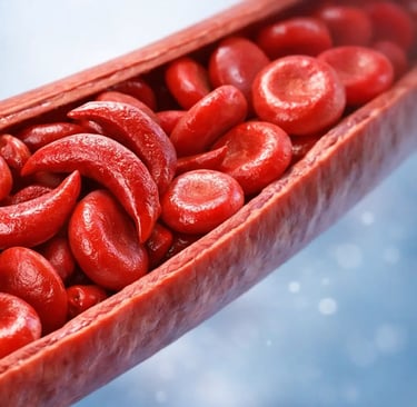Medical illustration showing sickle-shaped red blood cells blocking blood flow