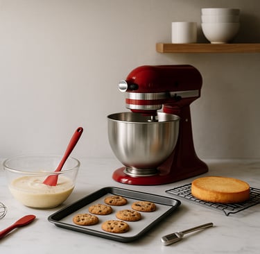 a kitchen counter top with a mixer, cookie doughnuts and a cookie