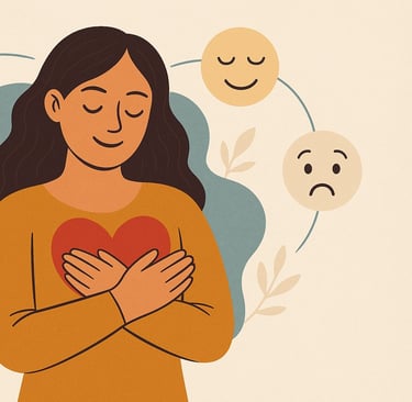 a woman holding a heart in front of a circle of emoticions