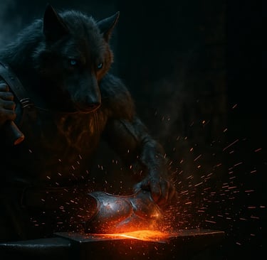 Fenrir w kuźni przy zbroi – symbol siły, rebelii i świadomego przygotowania do walki z narzuconą rzeczywistością