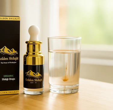 a glass of water with golden shilajit drops