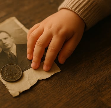 a wrinkled photo and a child’s hand - metaphor for the value and fragility of life