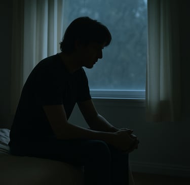 A person sitting on the bed at night looking thoughtful and uncertain