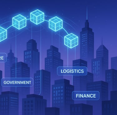 Illustration of a futuristic city with blockchain connections linking key sectors like healthcare. 