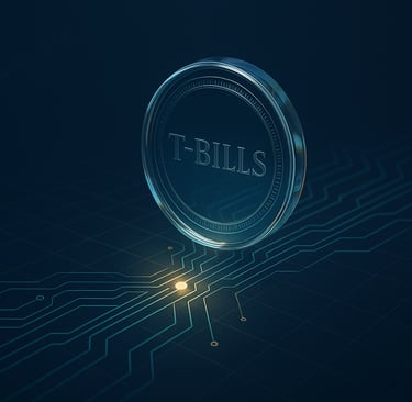 Editorial illustration of tokenized U.S. Treasuries: a glass coin/chip with subtle ‘T-Bills’ micro.