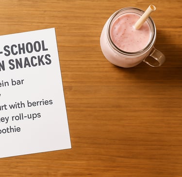 Flat lay of printed “After-School Protein Snacks” checklist with a smoothie