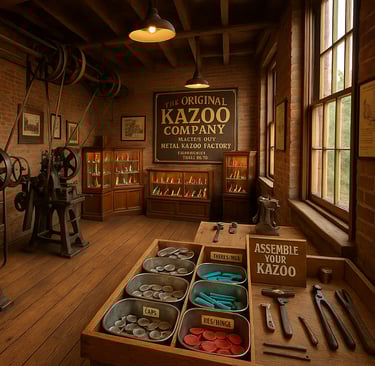 Interior of the Original Kazoo Museum and Factory in Eden, New York, showing vintage kazoo-making machinery, display cases wi