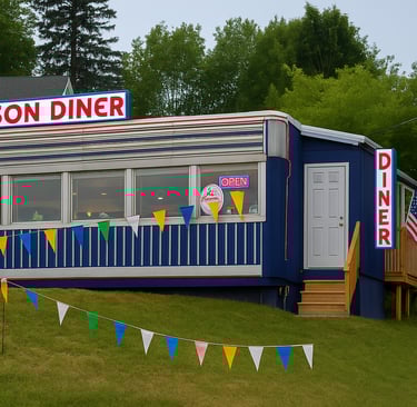 Restored 1940s silver diner car in Liberty, New York, with neon signs glowing at dusk, classic American cars parked outside,