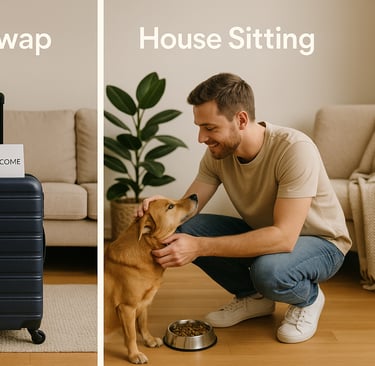 Split-screen showing the difference between home exchange and house sitting: one side features a suitcase in a clean living r