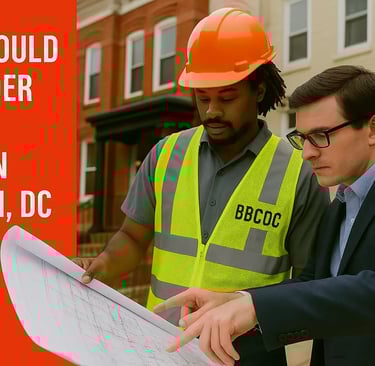 A general contractor and architect reviewing renovation plans in front of Washington, DC rowhouses with text overlay reading