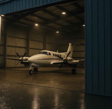 twin engine aircraft inside a hangar during heavy rain at night
