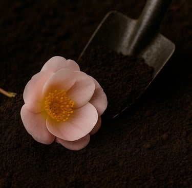 a pink wild flower in bloom laying next a small shovel
