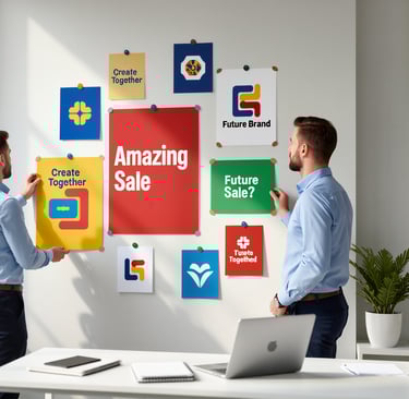 two men standing in front of a wall with a large poster board