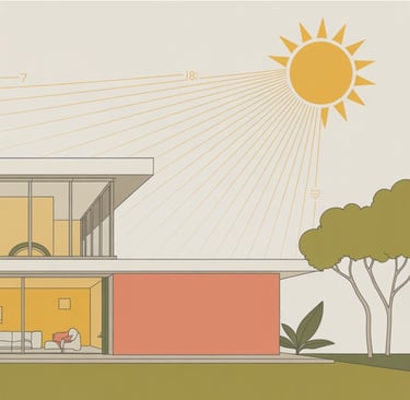 Casa moderna com linhas solares para otimizar luz natural.