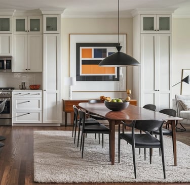 a kitchen with a table and chairs and a table