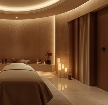 a massage room with a massage table and candles