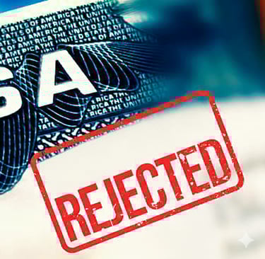 Close-up of a visa document with the word VISA visible, overlaid with a large red, rubber-stamp styl