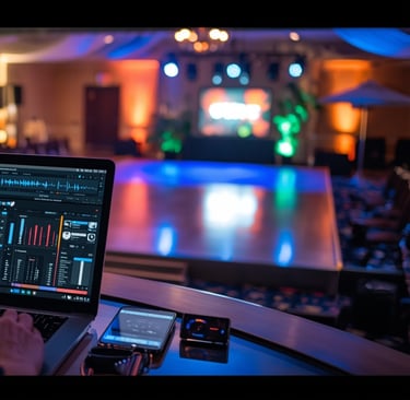 Um homem com fones de ouvido está ouvindo música em um laptop.