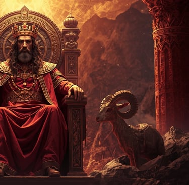 um homem sentado em um trono com uma coroa na cabeça