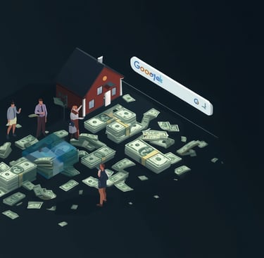 um grupo de pessoas em volta de uma casa com dinheiro