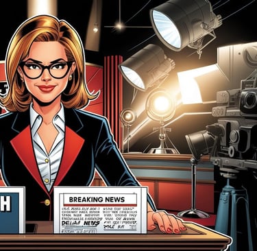 a woman in a red jacket and glasses is shown in front of a television set