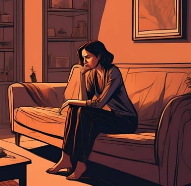 A couple sitting on a couch in a living room, the woman looking pensive and sad while her husband sits beside her.