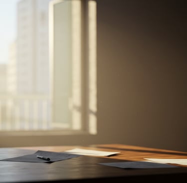 Luz clara atravessa o vidro da janela e repousa sobre uma mesa .