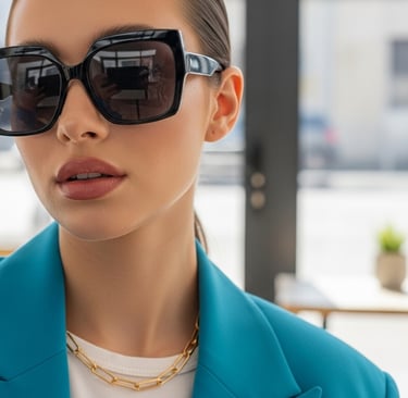 Influencer contemporánea tomando selfie con lentes oversize minimalistas modernos.