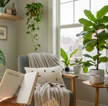 Libreta de propósitos de año nuevo rodeada de plantas de interior sanas y bonitas.